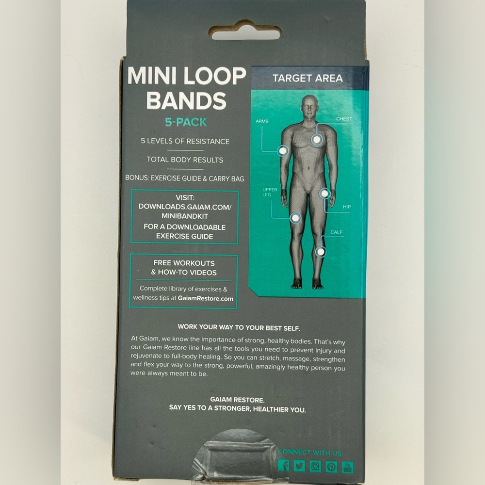 GAIAM Mini Loop Bands 5-Pack Set with Exercise Guide and Carry Bag - Picture 2 of 4